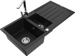Mexen Andres žulový dřez s 1,5 komorou, odkapávačem a kuchyňskou baterií Rita, černý - 6515-77-670300-00