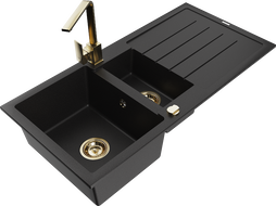 Mexen Andres granitový dřez 1,5-komorový s odkapávačem a kuchyňskou baterií Rita, černý - 6515-77-670300-50