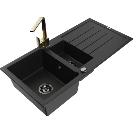 Mexen Andres granitový dřez 1,5komorový s odkapávačem a kuchyňskou baterií Rita, černý - 6515-77-670300-50-B
