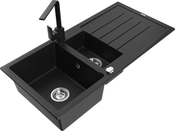 Mexen Andres granitový dřez 1,5-komorový s odkapávačem a kuchyňskou baterií Rita, černý - 6515-77-670300-70