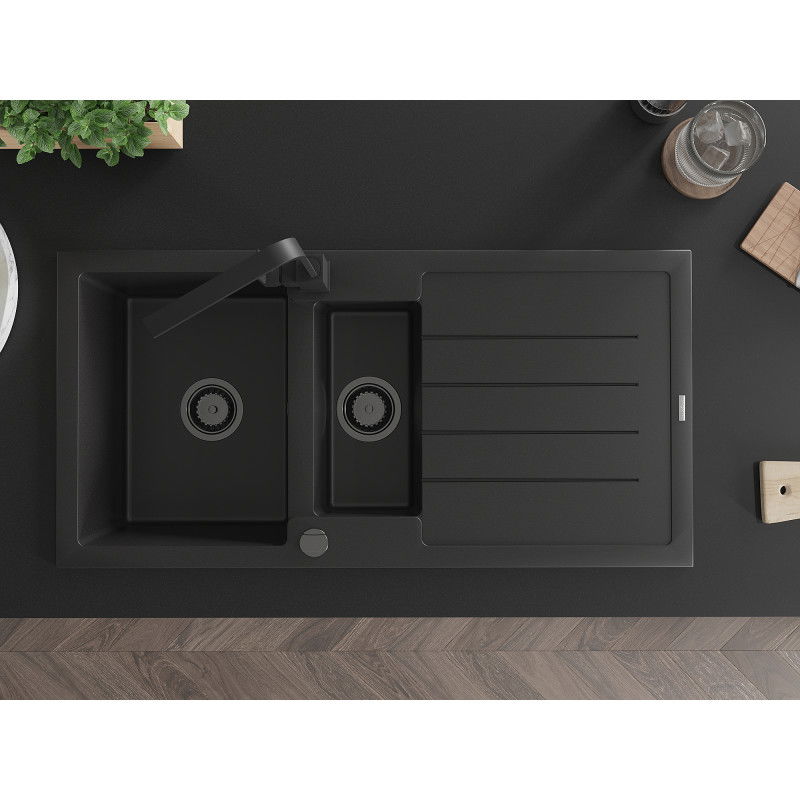 Mexen Andres granitový dřez 1,5-komorový s odkapávačem a kuchyňskou baterií Rita, černý - 6515-77-670300-70-B