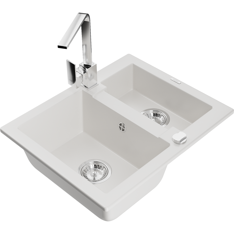 Mexen Carlos žulový dřez 1,5-komorový s kuchyňskou baterií Rita, bílý - 6518-20-670300-00