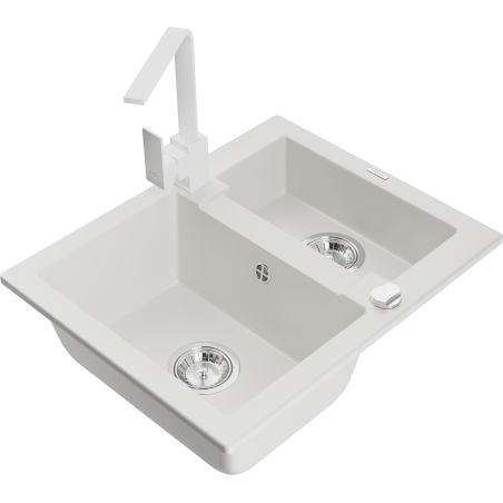 Mexen Carlos žulový dřez 1,5 komorový s kuchyňskou baterií Rita, bílý - 6518-20-670300-20