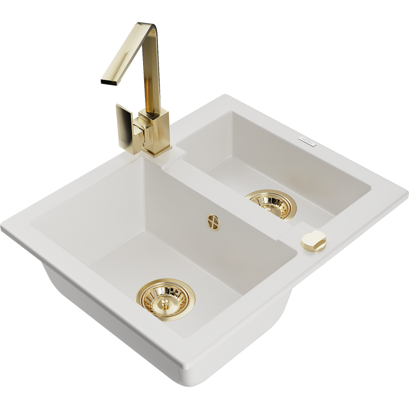 Mexen Carlos granitový dřez 1,5-komorový s kuchyňskou baterií Rita, bílý - 6518-20-670300-50