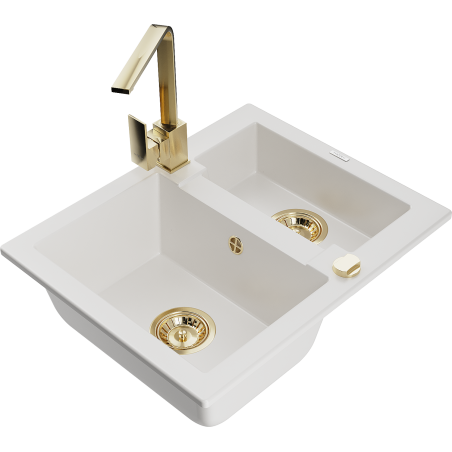 Mexen Carlos granitový dřez 1,5-komorový s kuchyňskou baterií Rita, bílý - 6518-20-670300-50