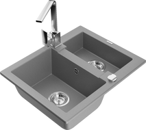 Mexen Carlos granitový dřez 1,5-komorový s kuchyňskou baterií Rita, šedý - 6518-71-670300-00