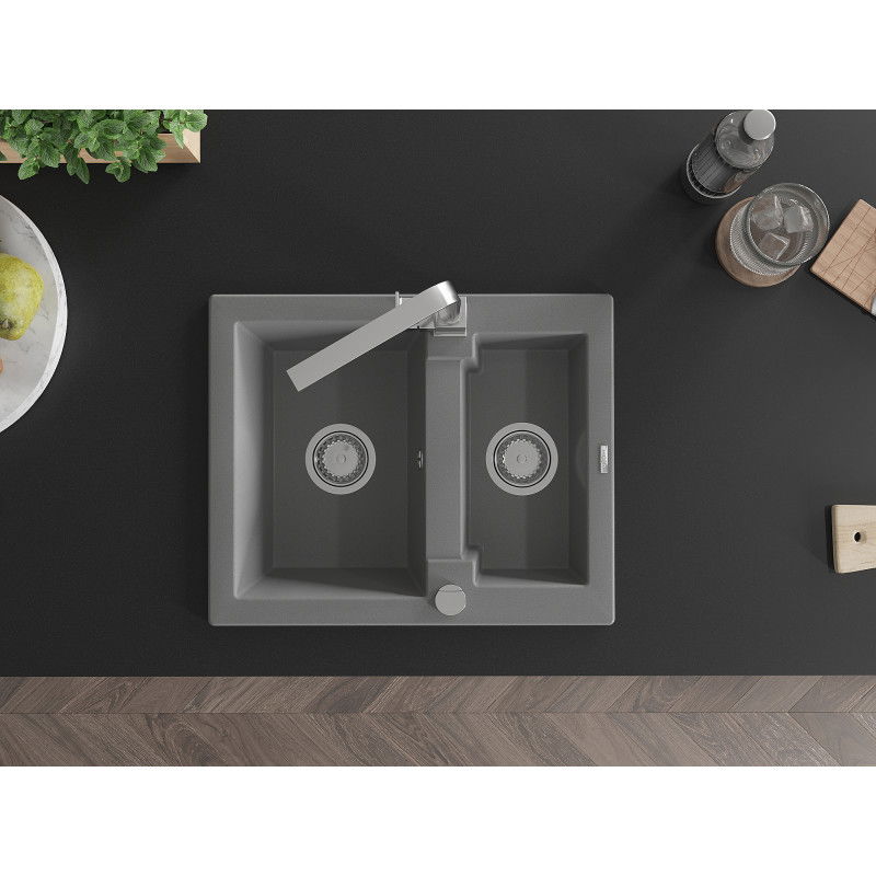 Mexen Carlos granitový dřez 1,5-komorový s kuchyňskou baterií Rita, šedý - 6518-71-670300-00