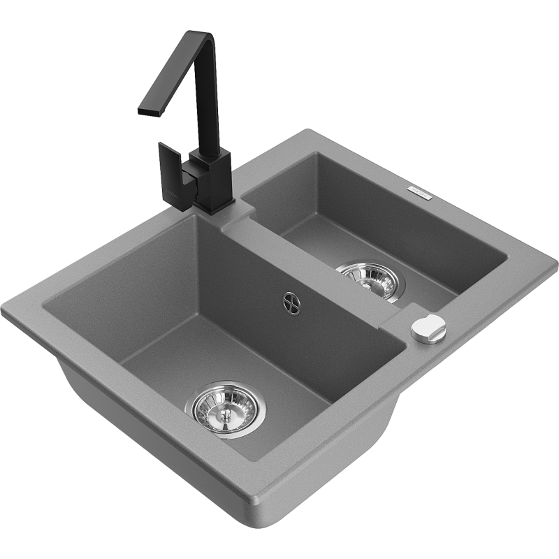Mexen Carlos granitový dřez 1,5-komorový s kuchyňskou baterií Rita, šedý - 6518-71-670300-70