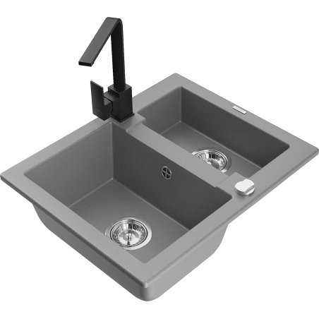 Mexen Carlos granitový dřez 1,5-komorový s kuchyňskou baterií Rita, šedý - 6518-71-670300-70