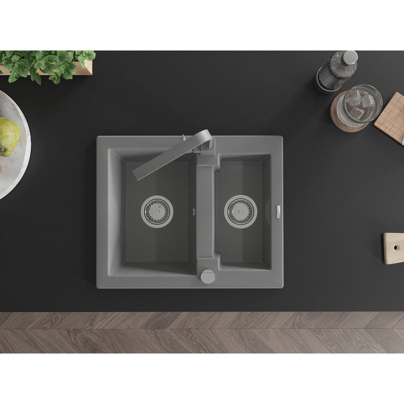 Mexen Carlos granitový dřez 1,5-komorový s kuchyňskou baterií Rita, šedý - 6518-71-670300-71