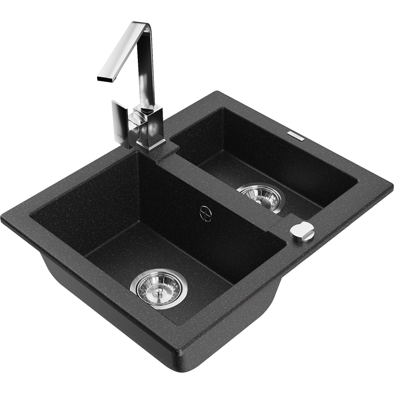 Mexen Carlos granitový dřez 1,5-komorový s kuchyňskou baterií Rita, černý/stříbrný metalik - 6518-73-670300-00