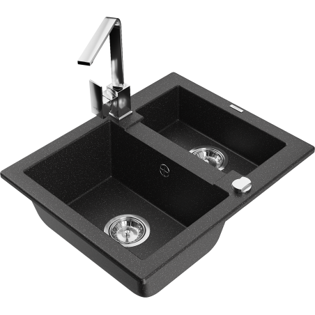 Mexen Carlos granitový dřez 1,5-komorový s kuchyňskou baterií Rita, černý/stříbrný metalik - 6518-73-670300-00