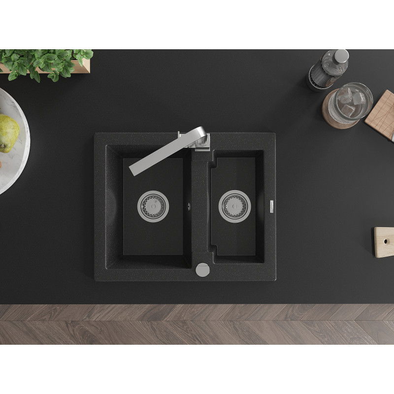 Mexen Carlos granitový dřez 1,5-komorový s kuchyňskou baterií Rita, černý/stříbrný metalik - 6518-73-670300-00
