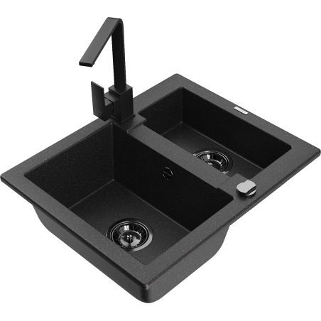 Mexen Carlos granitový dřez 1,5-komorový s kuchyňskou baterií Rita, černý/stříbrný metalík - 6518-73-670300-70-B
