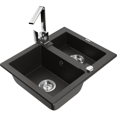 Mexen Carlos granitový dřez 1,5-komorový s kuchyňskou baterií Rita, černý/zlatý metalik - 6518-75-670300-00