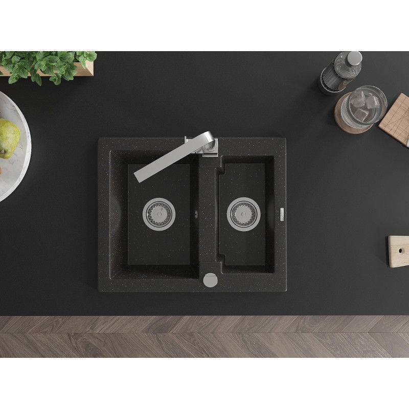 Mexen Carlos granitový dřez 1,5-komorový s kuchyňskou baterií Rita, černý/zlatý metalik - 6518-75-670300-00