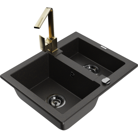 Mexen Carlos granitový dřez 1,5-komorový s kuchyňskou baterií Rita, černý/zlatý metalik - 6518-75-670300-50-B