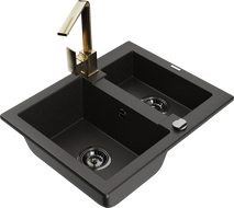 Mexen Carlos granitový dřez 1,5-komorový s kuchyňskou baterií Rita, černý/zlatý metalik - 6518-75-670300-50-B