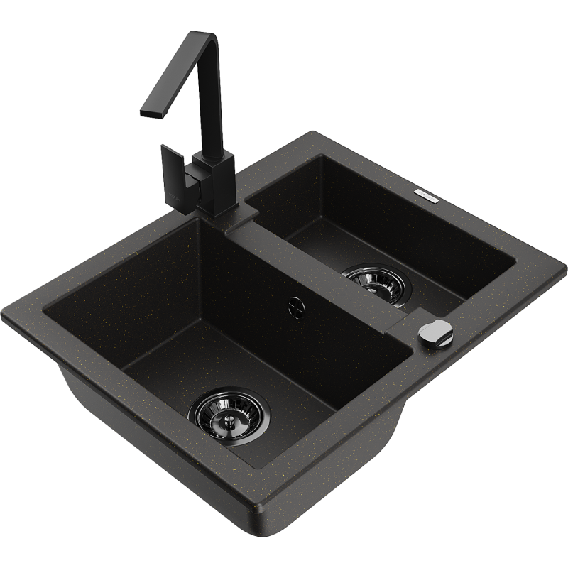 Mexen Carlos granitový dřez 1,5-komorový s kuchyňskou baterií Rita, černý/zlatý metalik - 6518-75-670300-70-B