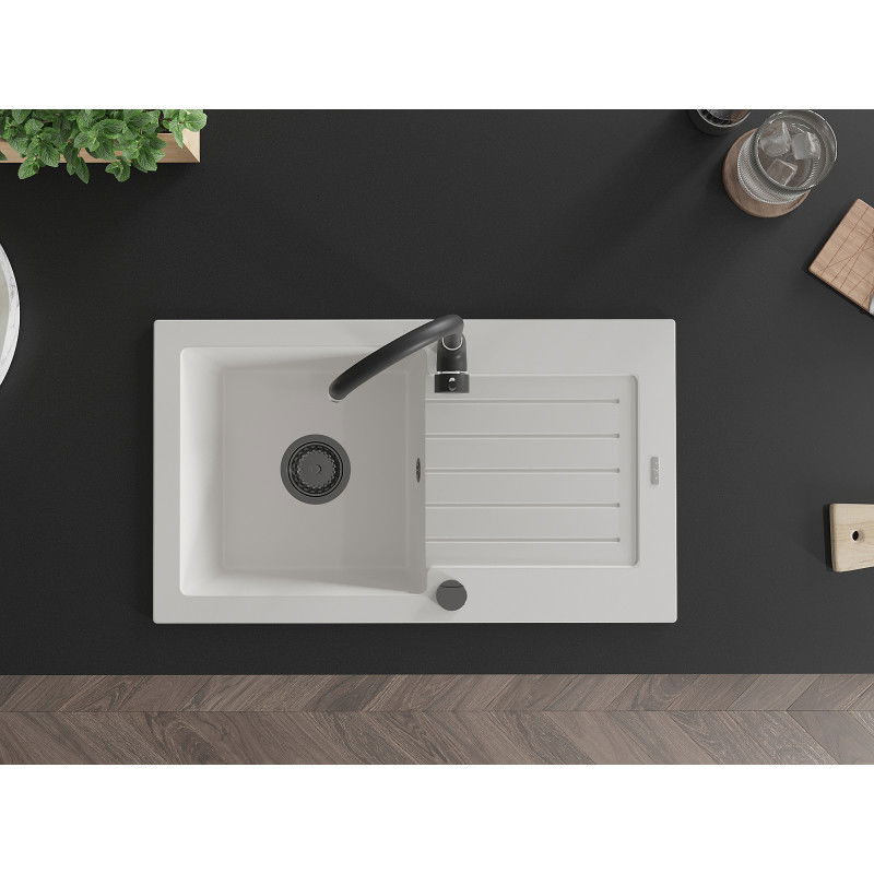 Mexen Pablo granitový dřez 1-komorový s odkapávačem a kuchyňskou baterií Telma, bílý - 6510-20-670200-70