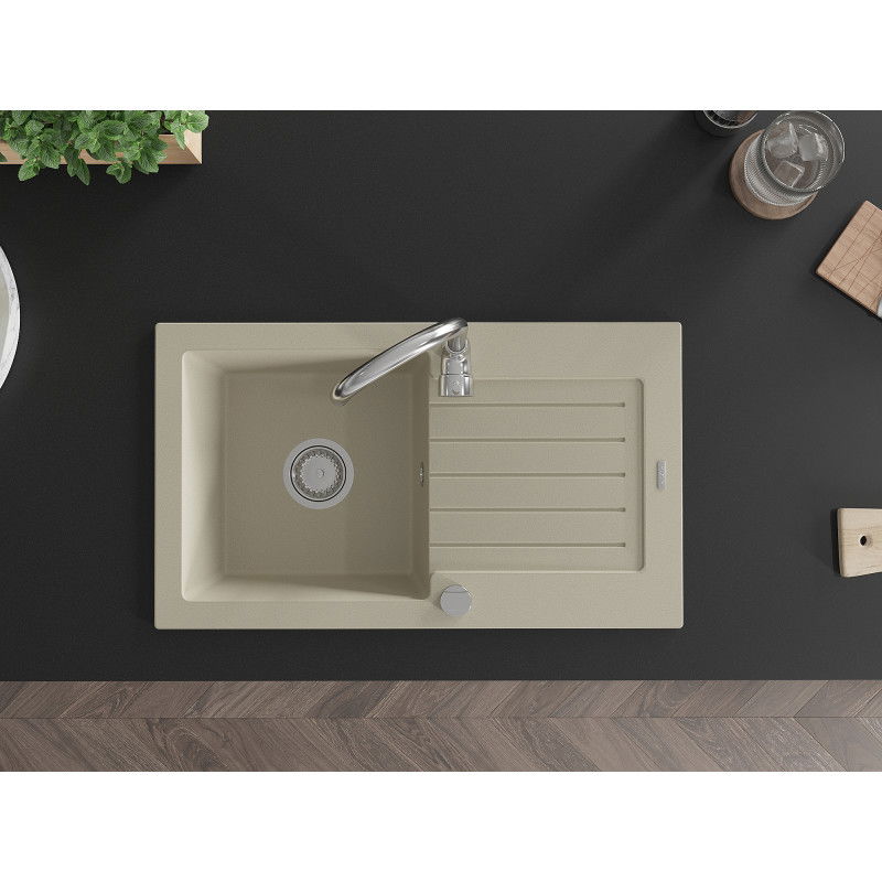 Mexen Pablo granitový dřez 1-komorový s odkapávačem a kuchyňskou baterií Telma, béžový - 6510-69-670200-00