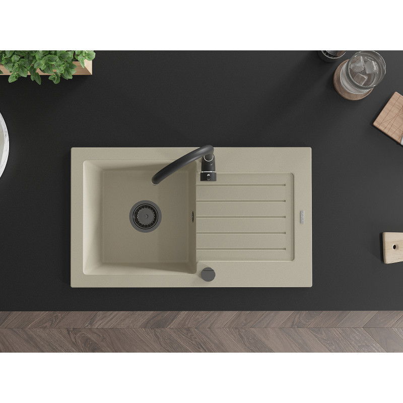 Mexen Pablo granitový dřez 1-komorový s odkapávačem a kuchyňskou baterií Telma, béžový - 6510-69-670200-70