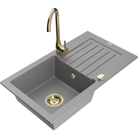 Mexen Pablo granitový dřez 1-komorový s odkapávačem a kuchyňskou baterií Telma, šedý - 6510-71-670200-50