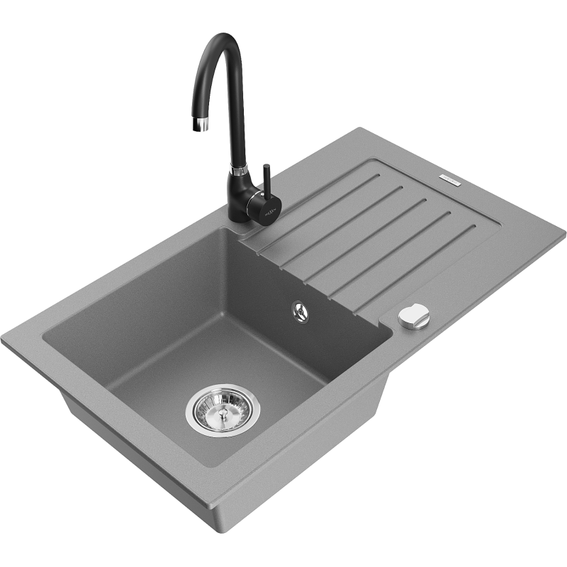 Mexen Pablo dřez granitový 1-komorový s odkapávačem a kuchyňskou baterií Telma, šedý - 6510-71-670200-70