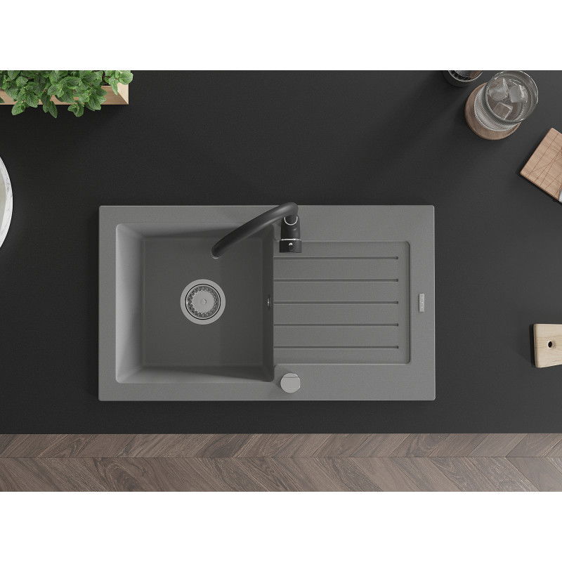 Mexen Pablo dřez granitový 1-komorový s odkapávačem a kuchyňskou baterií Telma, šedý - 6510-71-670200-70