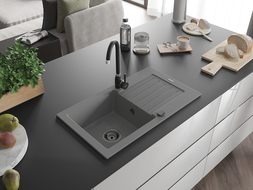 Mexen Pablo granitový dřez s 1 komorou, odkapávačem a kuchyňskou baterií Telma, šedý - 6510-71-670200-70-B