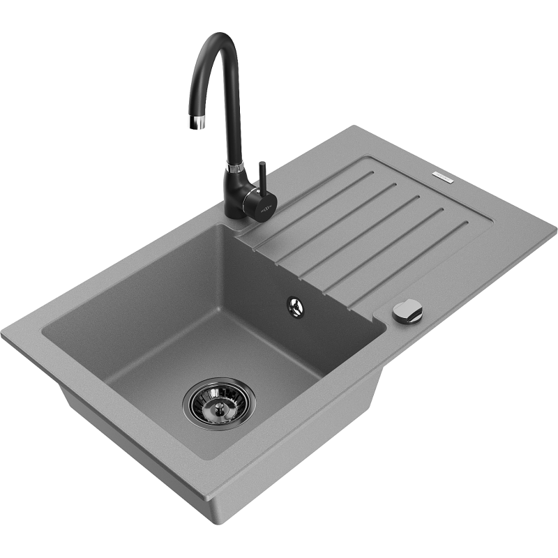 Mexen Pablo granitový dřez s 1 komorou, odkapávačem a kuchyňskou baterií Telma, šedý - 6510-71-670200-70-B