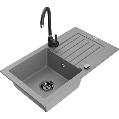 Mexen Pablo granitový dřez s 1 komorou, odkapávačem a kuchyňskou baterií Telma, šedý - 6510-71-670200-70-B