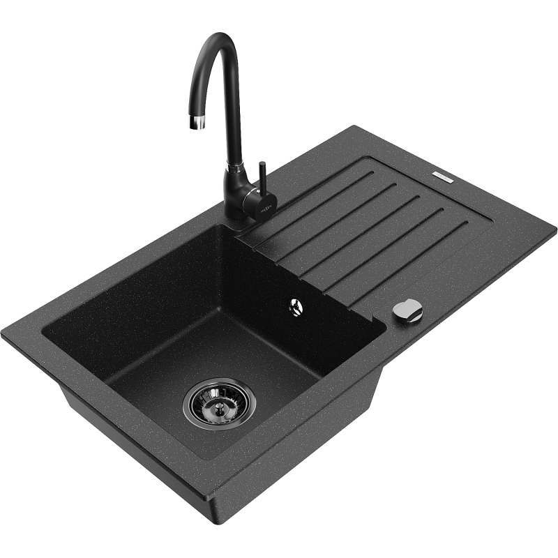 Mexen Pablo žulový dřez 1-komorový s odkapávačem a kuchyňskou baterií Telma, černý/stříbrný - 6510-73-670200-70-B