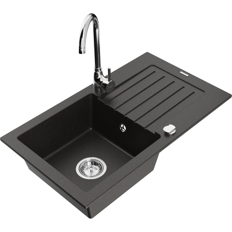 Mexen Pablo granitový kuchyňský dřez 1-komorový s odkapávačem a kuchyňskou baterií Telma, černý/zlatý - 6510-75-670200-00