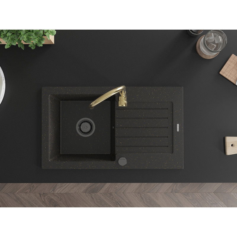 Mexen Pablo žulový dřez 1-komorový s odkapávačem a kuchyňskou baterií Telma, černý/zlatý - 6510-75-670200-50-B