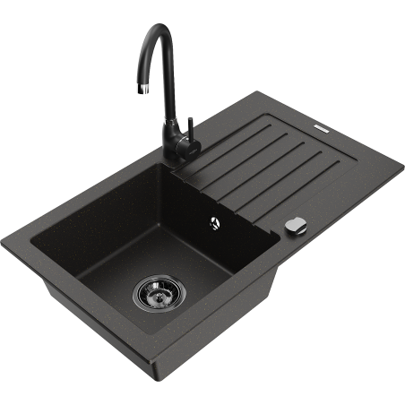 Mexen Pablo granitový kuchyňský dřez s 1 komorou a odkapávačem a kuchyňskou baterií Telma, černá/zlatá - 6510-75-670200-70-B