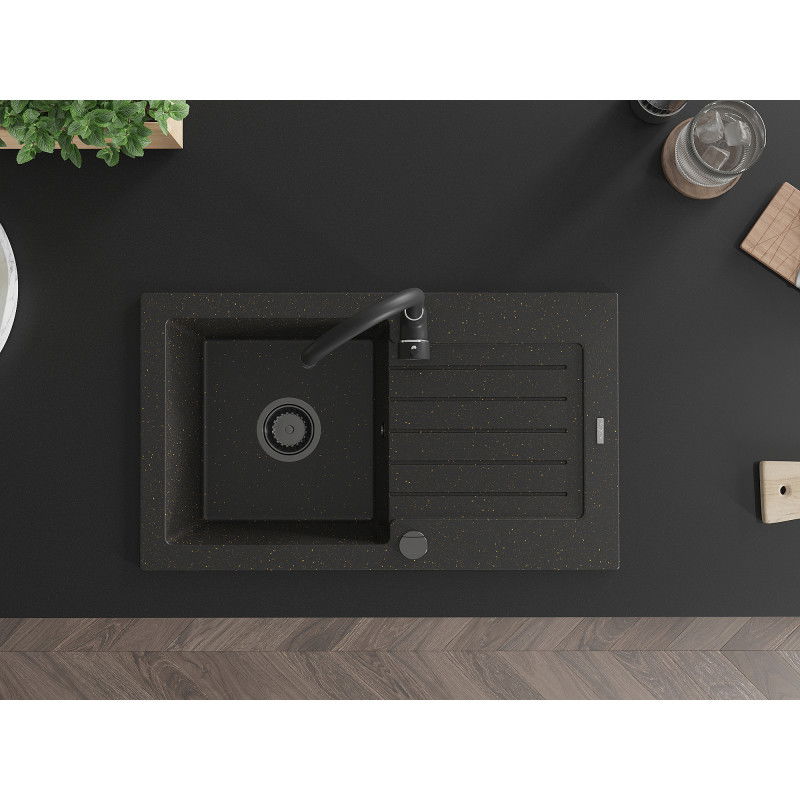 Mexen Pablo granitový kuchyňský dřez s 1 komorou a odkapávačem a kuchyňskou baterií Telma, černá/zlatá - 6510-75-670200-70-B
