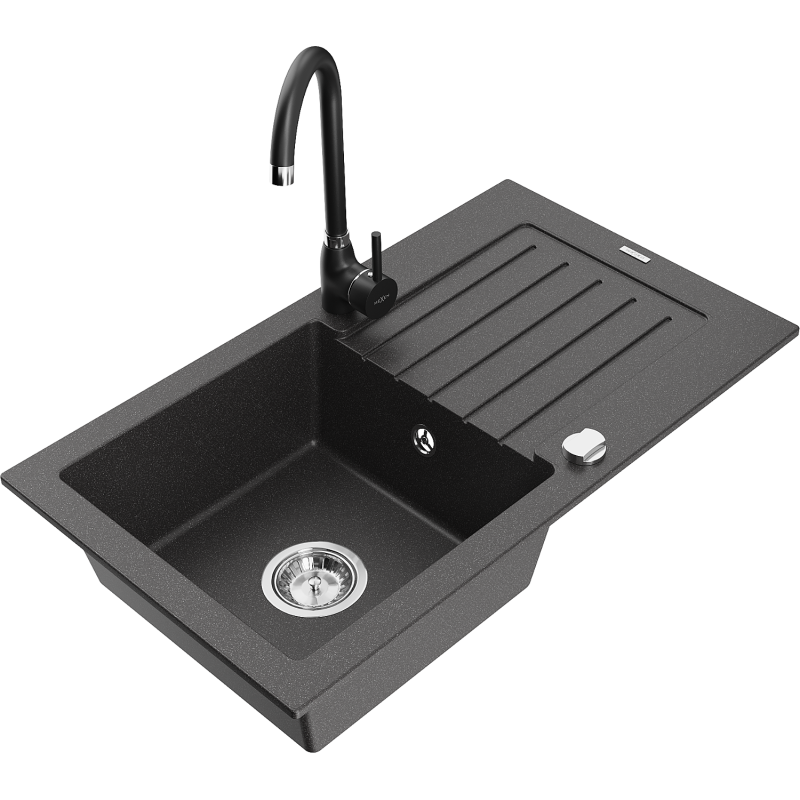 Mexen Pablo granitový dřez 1-komorový s odkapávačem a kuchyňskou baterií Telma, černý skvrnitý - 6510-76-670200-70