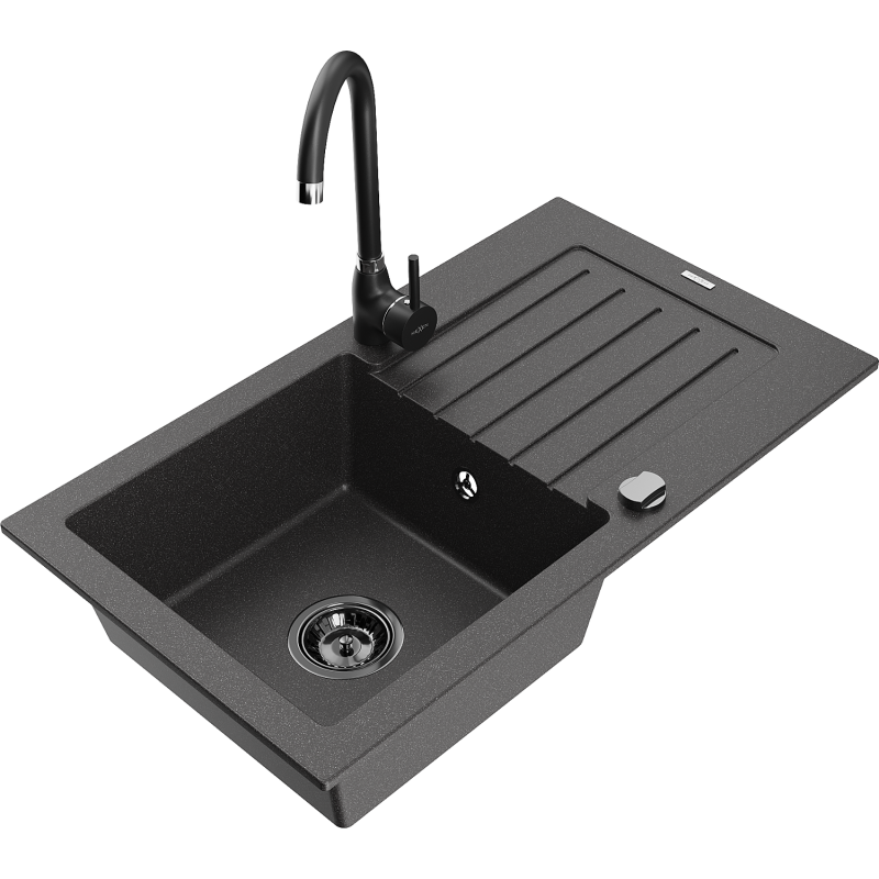 Mexen Pablo žulový dřez s jednou komorou a odkapávačem a kuchyňskou baterií Telma, černý skvrnitý - 6510-76-670200-70-B