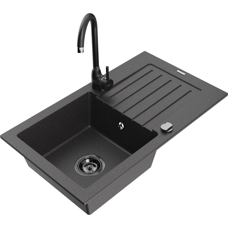 Mexen Pablo žulový dřez s jednou komorou a odkapávačem a kuchyňskou baterií Telma, černý skvrnitý - 6510-76-670200-70-B