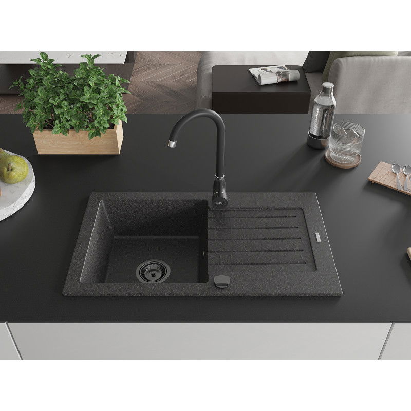 Mexen Pablo žulový dřez s jednou komorou a odkapávačem a kuchyňskou baterií Telma, černý skvrnitý - 6510-76-670200-70-B