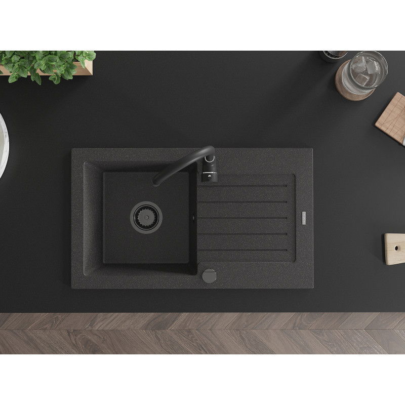 Mexen Pablo žulový dřez s jednou komorou a odkapávačem a kuchyňskou baterií Telma, černý skvrnitý - 6510-76-670200-70-B