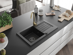 Mexen Pablo granitový dřez 1-komorový s odkapávačem a kuchyňskou baterií Telma, černý - 6510-77-670200-50-B