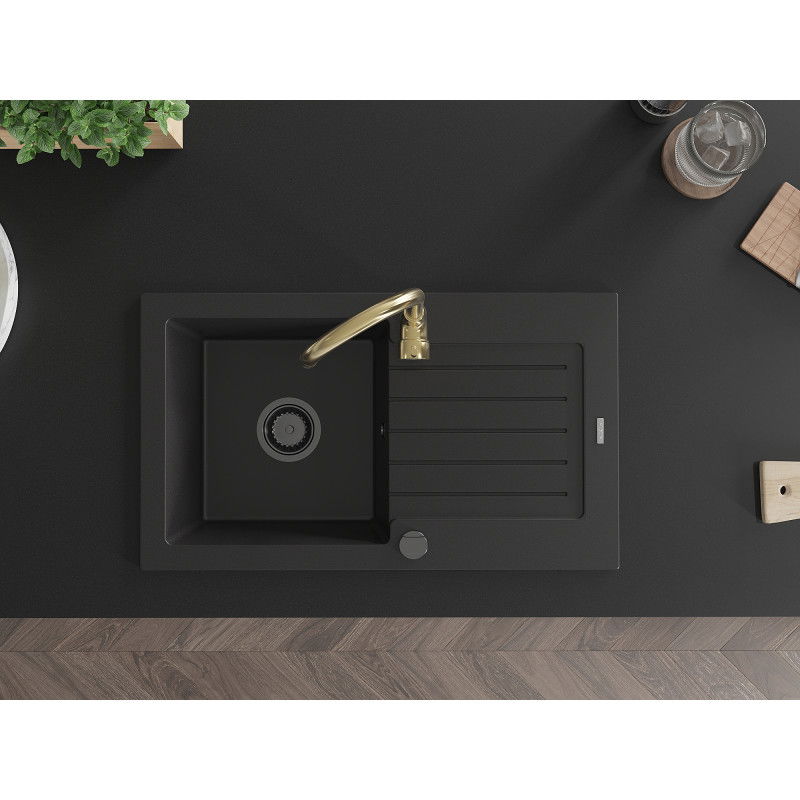 Mexen Pablo granitový dřez 1-komorový s odkapávačem a kuchyňskou baterií Telma, černý - 6510-77-670200-50-B