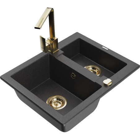 Mexen Carlos žulový dřez 1,5-komorový s kuchyňskou baterií Rita, černý tečkovaný - 6518-76-670300-50