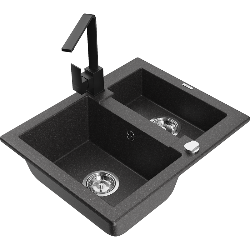 Mexen Carlos žulový dřez 1,5-komorový s kuchyňskou baterií Rita, černý s tečkami - 6518-76-670300-70