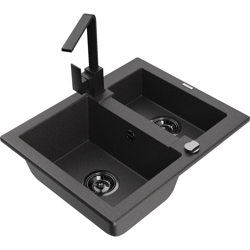 Mexen Carlos granitový dřez 1,5-komorový s kuchyňskou baterií Rita, černý skvrnitý - 6518-76-670300-70-B