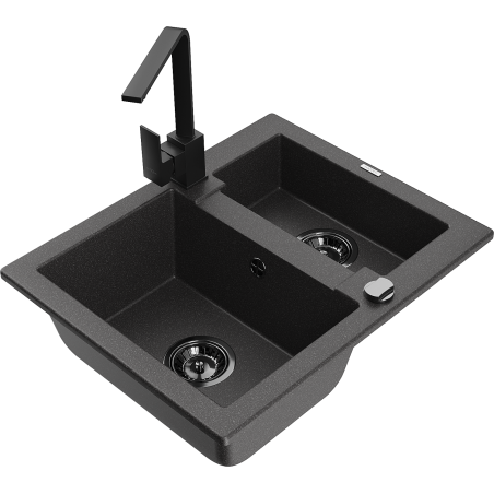 Mexen Carlos granitový dřez 1,5-komorový s kuchyňskou baterií Rita, černý skvrnitý - 6518-76-670300-70-B