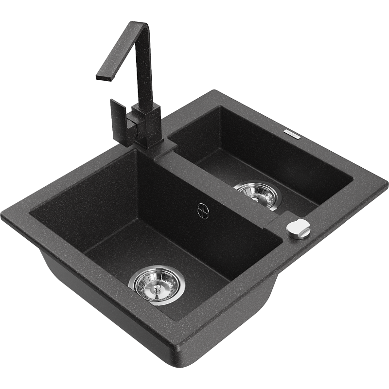 Mexen Carlos granitový kuchyňský dřez 1,5-komorový s kuchyňskou baterií Rita, černý skvrnitý - 6518-76-670300-76