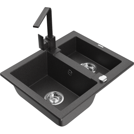 Mexen Carlos granitový kuchyňský dřez 1,5-komorový s kuchyňskou baterií Rita, černý skvrnitý - 6518-76-670300-76